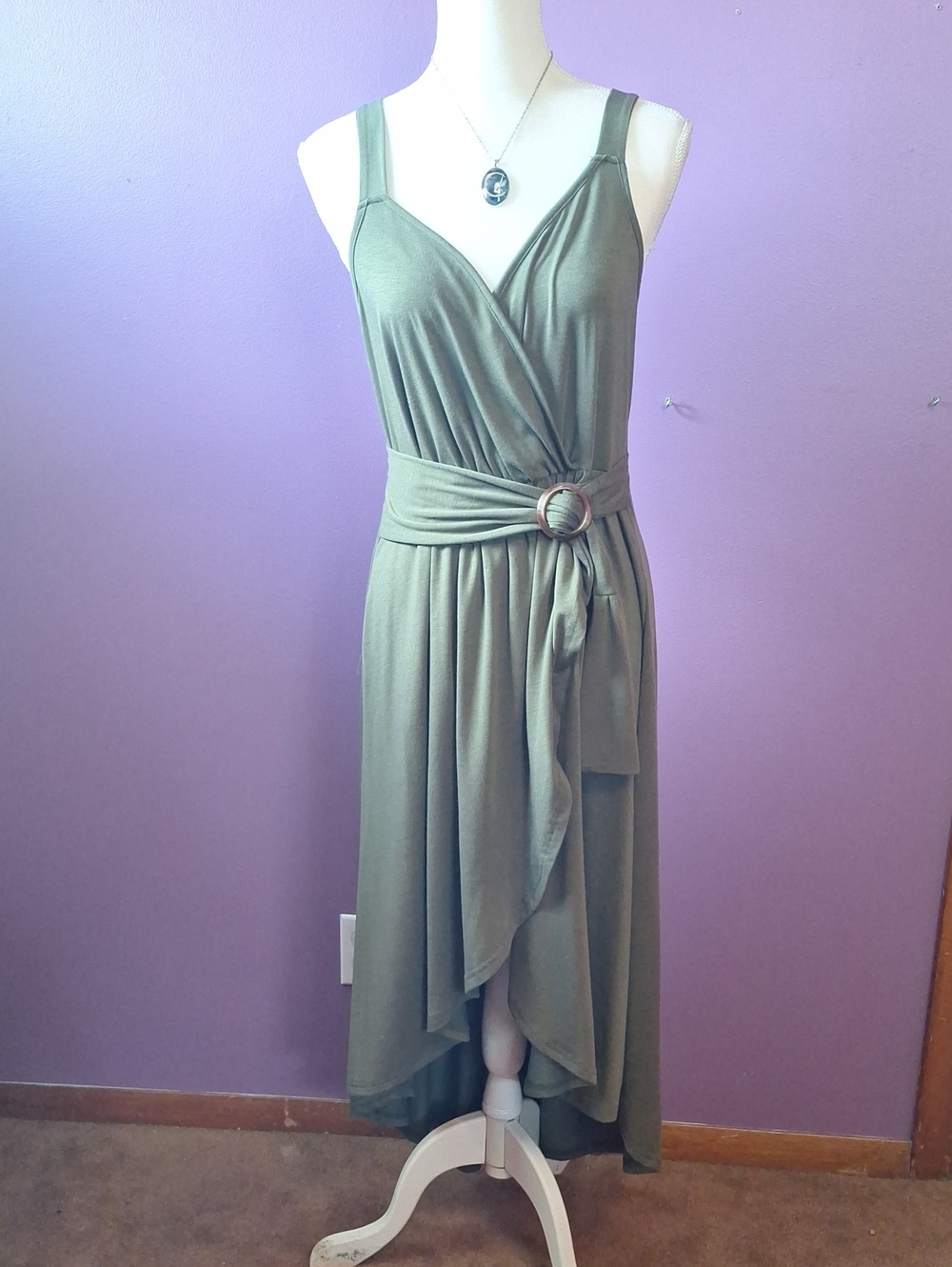 Olive Green Wrap Midi Dress with Buckle Waist